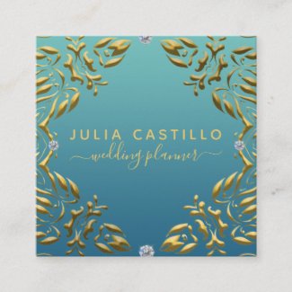 Teal Gold Luxury Glam Elegant Calligraphy Script Square Business Card