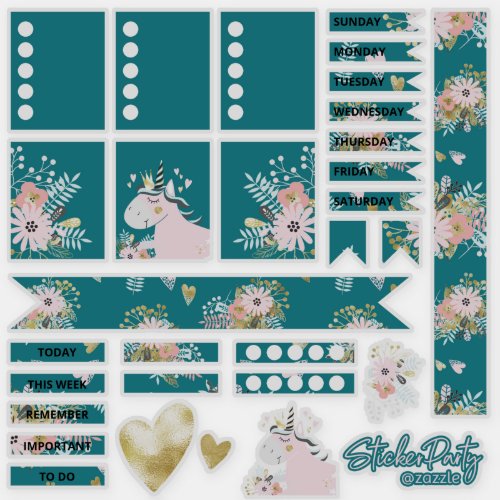 Teal  Gold Magical Unicorn Chic Planner Stickers