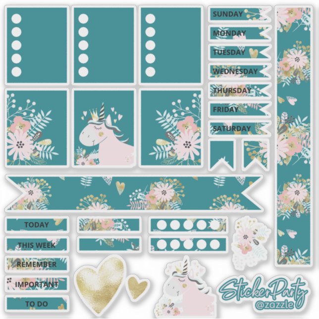 Teal & Gold Magical Unicorn Chic Planner Stickers (Front)