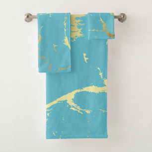 Teal & Gold Marble Acrylic Painting Abstract Backg Bath Towel Set
