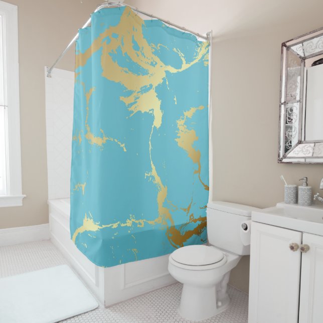 Teal & Gold Marble Acrylic Painting Abstract Backg Shower Curtain (In Situ)