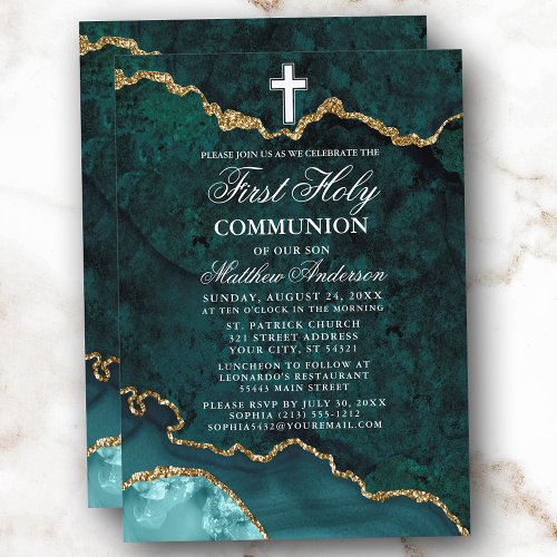 Teal Gold Marble Agate Geode First Holy Communion Invitation