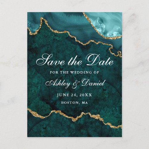 Teal Gold Marble Agate Geode Save The Date Announcement Postcard