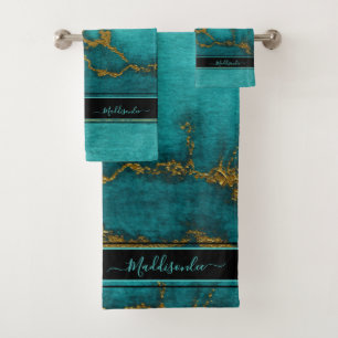 Teal Gold Marble Agate Monogram Name Custom Bath T Bath Towel Set
