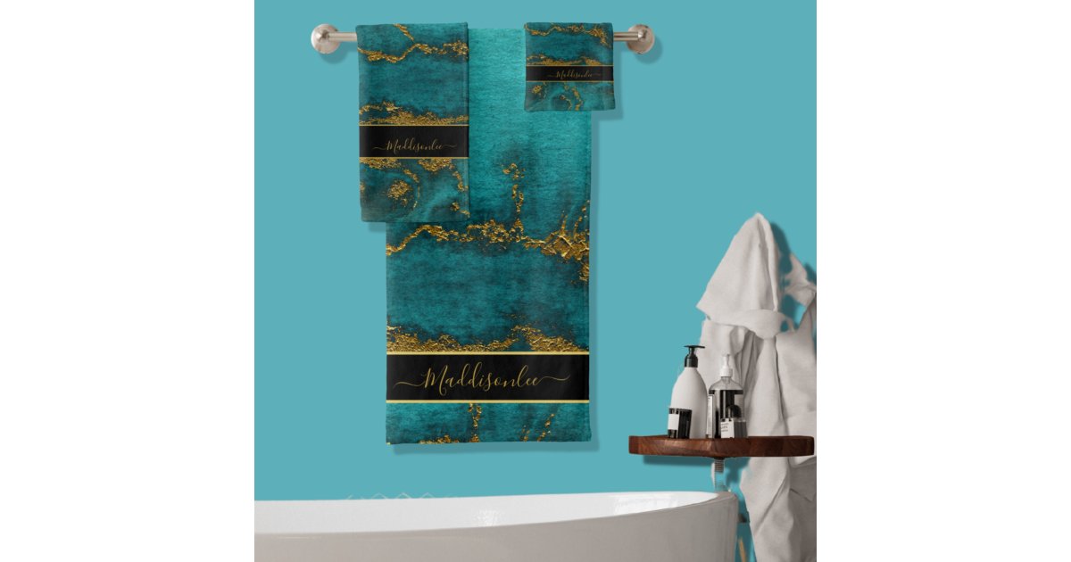 Teal Gold Marble Agate Monogram Name Custom Bath Towel Set | Zazzle