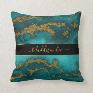 Teal Gold Marble Agate Monogram Name Custom Beach Throw Pillow
