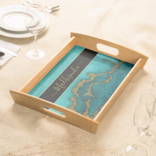Teal Gold Marble Agate Monogram Name Custom Serving Tray