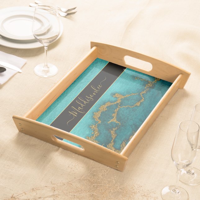 Teal Gold Marble Agate Monogram Name Custom  Serving Tray (Front)