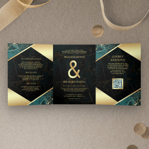 Teal Gold Marble Ampersand QR Code Wedding Tri-Fold Invitation