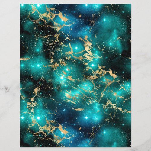 Teal  Gold Marble Galaxy Scrapbook Paper Sheet