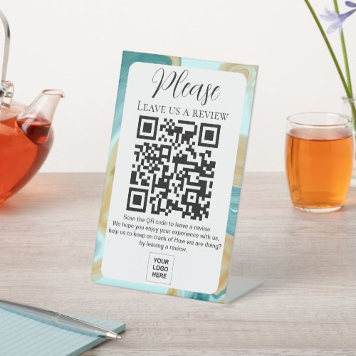 Teal Gold Marble Leave us a Review QR code Pedestal Sign