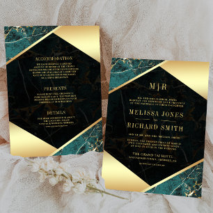 Teal Gold Marble Monogram All in One Wedding Invitation