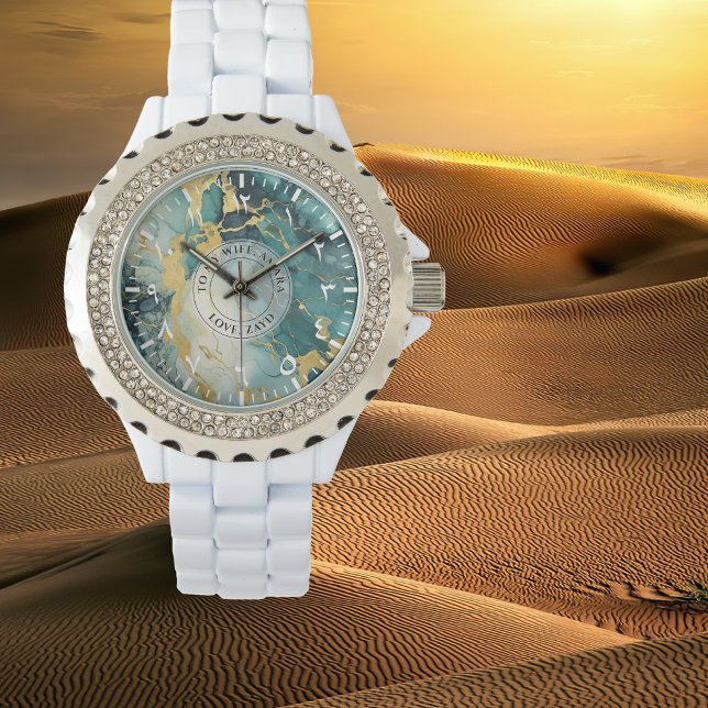 Teal & Gold Marble Rhinestone Watch – White Enamel (Creator Uploaded)