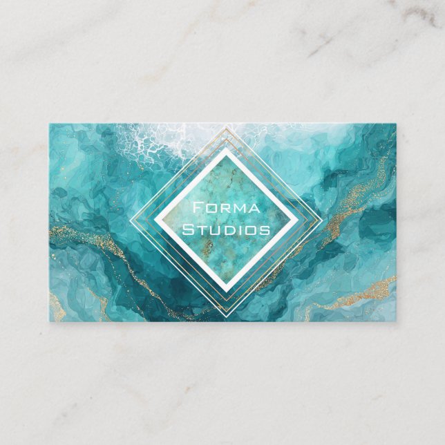 Teal Gold Marbling Geometric Diamond Modern Business Card (Front)