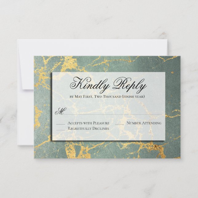 Teal & Gold Marbling RSVP Please Reply Card (Front)