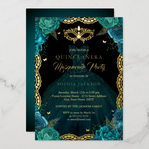 Teal Gold Masquerade Party Dress Quinceanera Foil Invitation