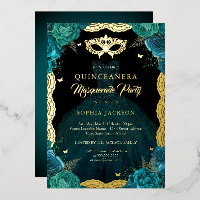 Teal Gold Masquerade Party Dress Quinceanera Foil Invitation (Front/Back)