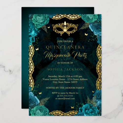 Teal Gold Masquerade Party Rose Dress Quinceanera Foil Invitation