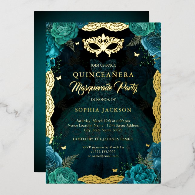 Teal Gold Masquerade Party Rose Dress Quinceanera Foil Invitation (Front/Back)