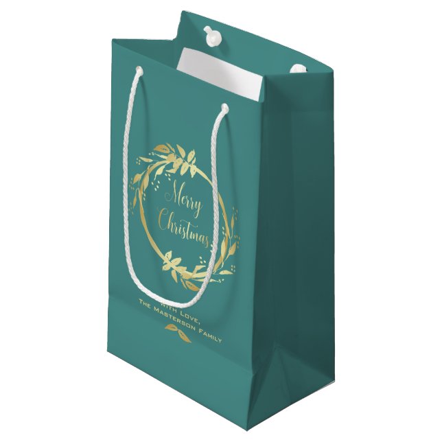 Teal Gold Merry Christmas Holly Wreath Holiday Small Gift Bag (Front Angled)