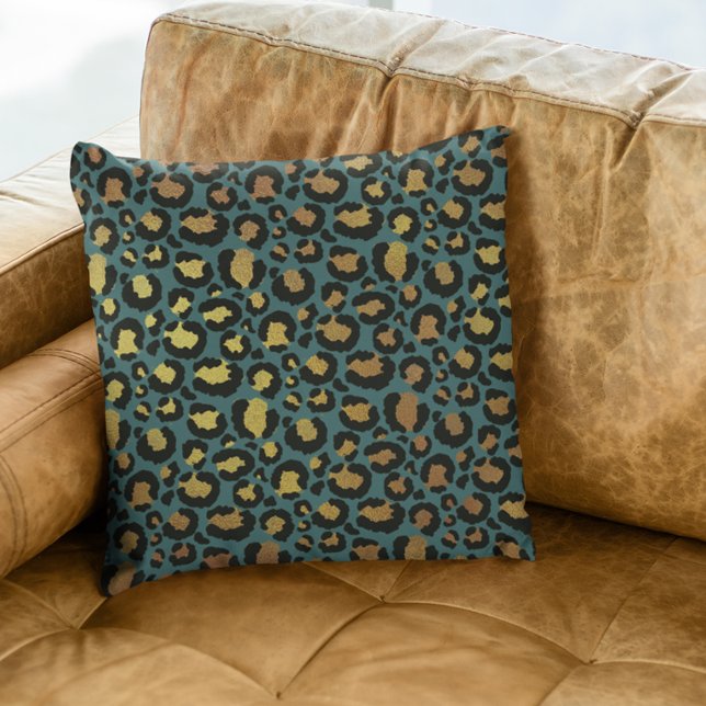 Teal Gold Metallic Foil Glam Leopard Fur Spots Throw Pillow (Creator Uploaded)
