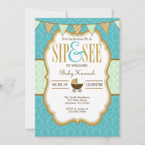 Teal Gold Mint Green Sip And See Invitation