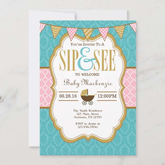 Teal Gold Mint Green Sip And See Invitation (Front)