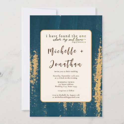 Teal Gold Modern Art Bible Verse Christian Wedding Invitation