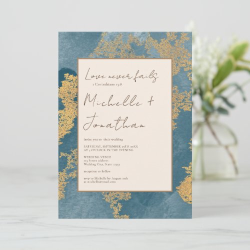 Teal Gold Modern Christian Bible Verse Wedding Invitation