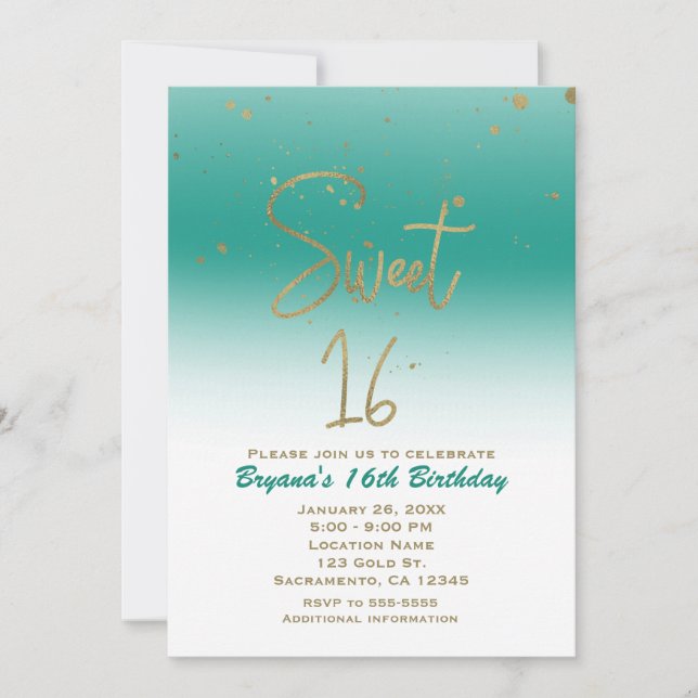 Teal & Gold Modern Glam SWEET 16 Birthday Party Invitation (Front)
