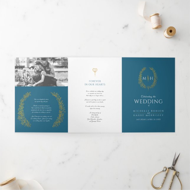 Teal gold monogram wreath story & program wedding (Outside)