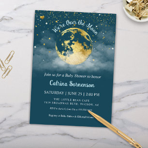 Teal Gold Moon and Stars Baby Shower Invitation