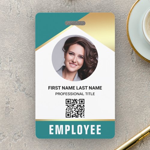 Teal Gold Name Photo QR Code Employee ID Card Badge