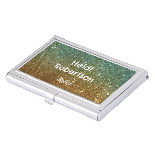 Teal gold neon glitter business card case
