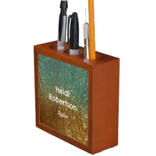 Teal gold neon glitter desk organizer