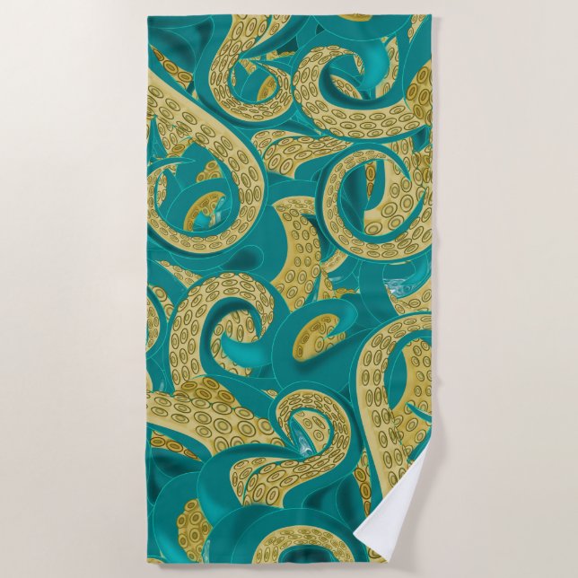 Teal Gold Octopus Beach Towel (Front)
