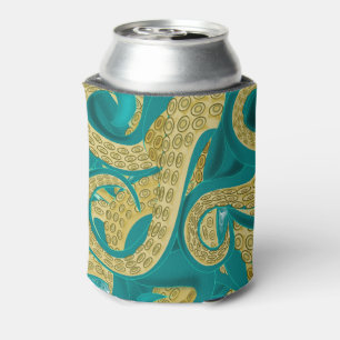 Teal Gold Octopus Can Cooler