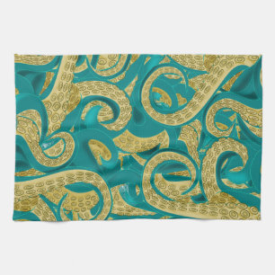 Teal Gold Octopus Kitchen Towel
