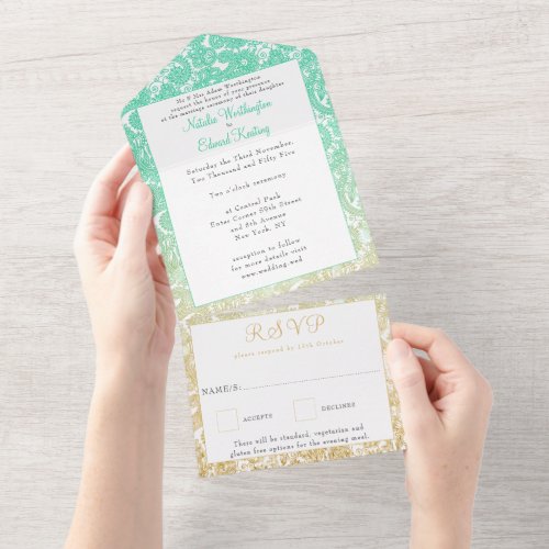 Teal Gold Ombre Paisley Henna Wedding RSVP All In One Invitation
