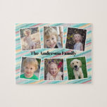 Teal Gold Orange Stripes Family Photo Collage Jigsaw Puzzle<br><div class="desc">This colorful photo puzzle is a fun gift for any family. It offers 6 photo frames for pictures of children and family members. The background is teal,  red and orange watercolor stripes. Custom text allows you to personalize with your family name.</div>