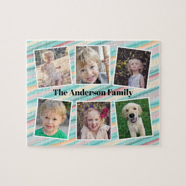 Teal Gold Orange Stripes Family Photo Collage Jigsaw Puzzle (Horizontal)