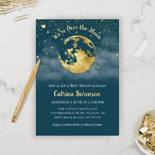 Teal Gold Over the Moon Baby Shower Foil Invitation