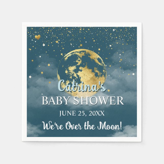 Teal Gold Over the Moon Baby Shower Napkins (Front)