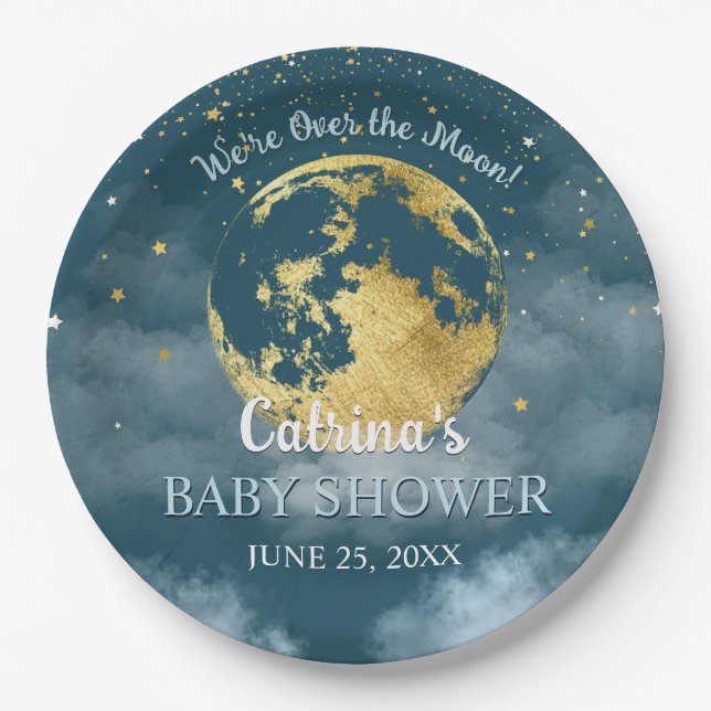 Teal Gold Over the Moon Baby Shower Paper Plates (Front)