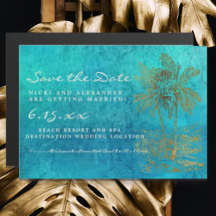 Teal Gold Palm Trees Wedding Save Date Magnetic Invitation