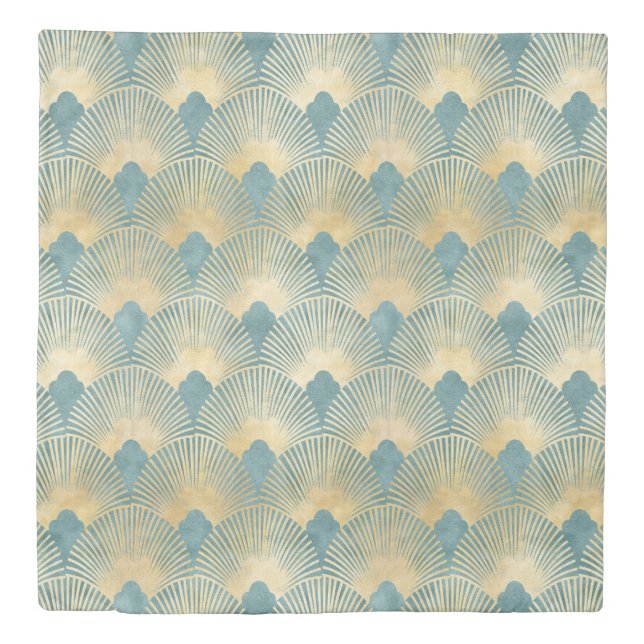 Teal gold pattern,fan feather pattern,Art Deco chi Duvet Cover (Front)