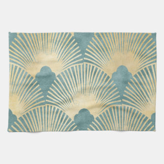 Teal gold pattern,fan feather pattern,Art Deco chi Kitchen Towel