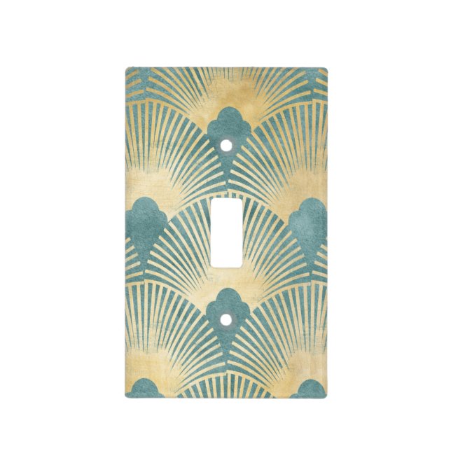 Teal gold pattern,fan feather pattern,Art Deco chi Light Switch Cover (Front)