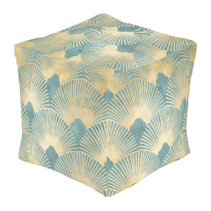 Teal gold pattern,fan feather pattern,Art Deco chi Pouf