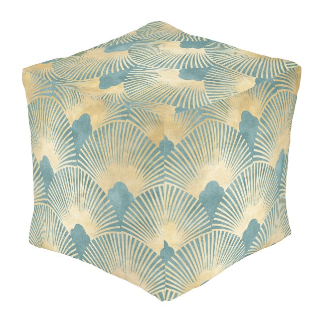 Teal gold pattern,fan feather pattern,Art Deco chi Pouf (Angled Back)